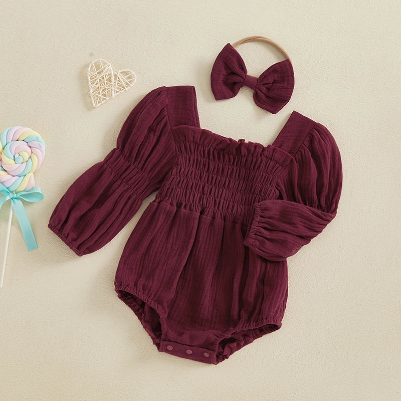Lioraitiin Baby Girls Romper Long Sleeve Square Neck Solid Color