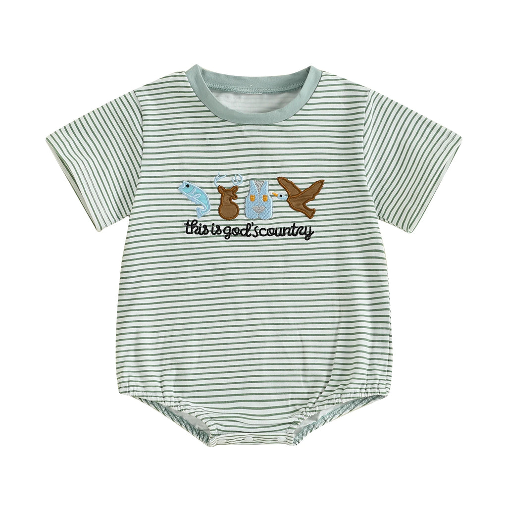 Lioraitiin Baby Boys Rompers Letter Animals Embroidery Stripe O-Neck