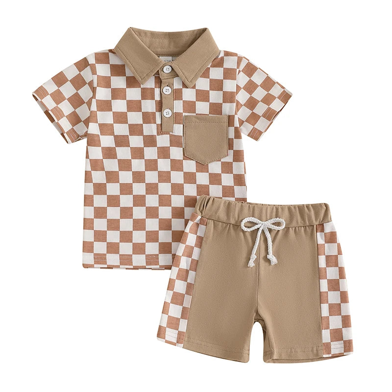Lioraitiin Toddler Boys Shorts Sets Short Sleeve Lapel Checkerboard