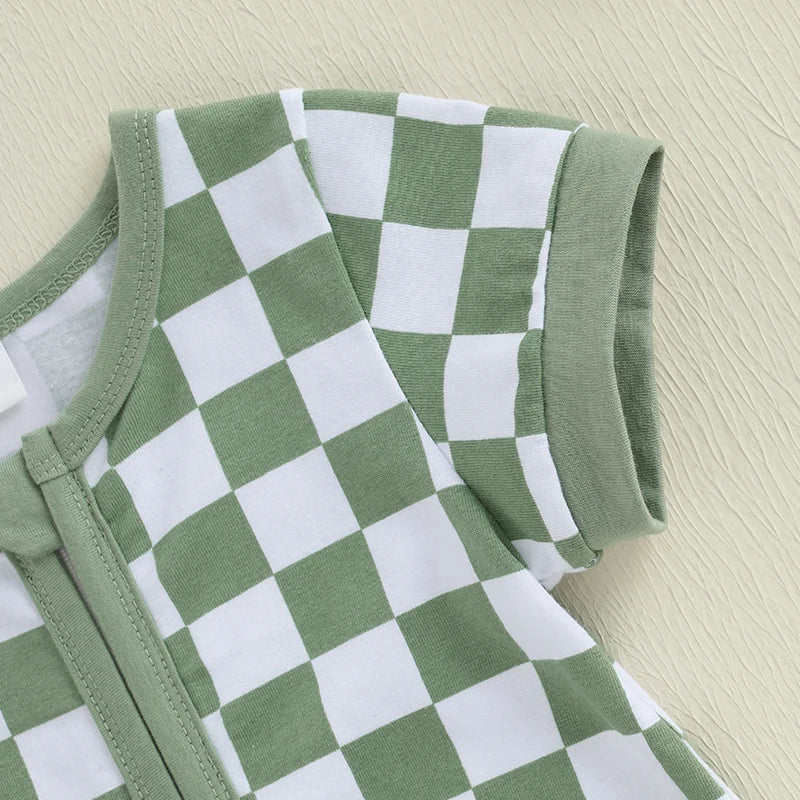 Lioraitiin Baby Boys Romper Checkerboard Print Short Sleeve Round
