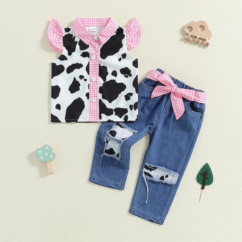 Lioraitiin Baby Girl 2Pcs Western Outfits Fly Sleeve Cow Print Shirt