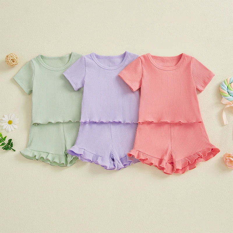 Lioraitiin Toddler Baby Girl Ribbed Outfit Solid Color Short Sleeve