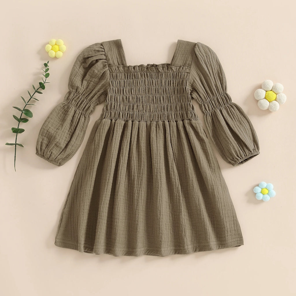 Lioraitiin Toddler Girl Bubble Sleeve Dress Stylish Solid Smocked