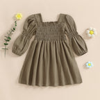 Lioraitiin Toddler Girl Bubble Sleeve Dress Stylish Solid Smocked
