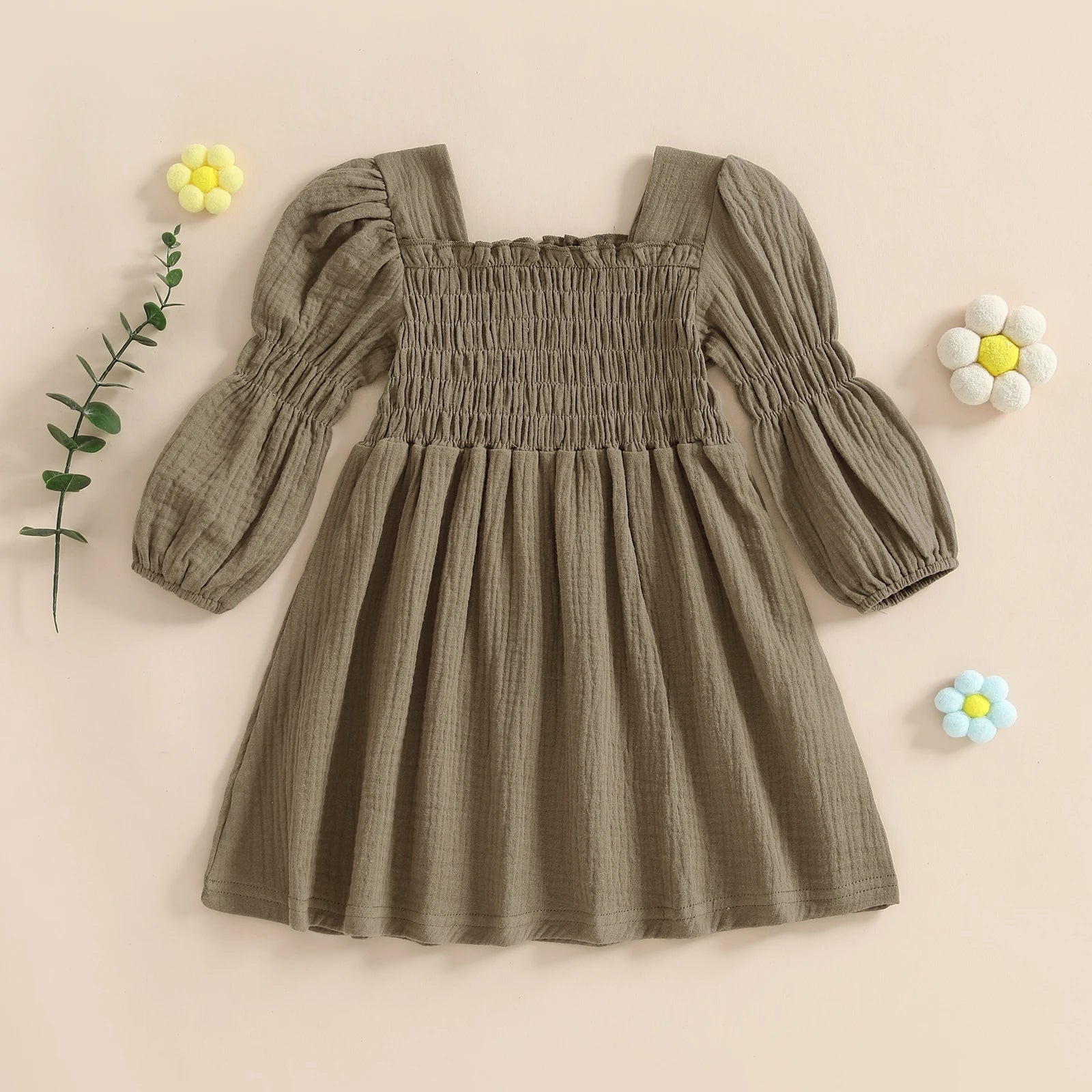 Lioraitiin Toddler Girl Bubble Sleeve Dress Stylish Solid Smocked