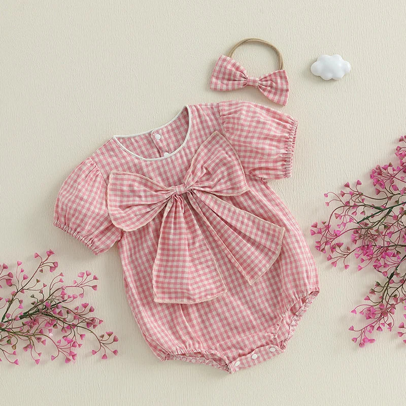 Lioraitiin Baby Girls Sweet Romper Short Sleeve Round Neck Plaid
