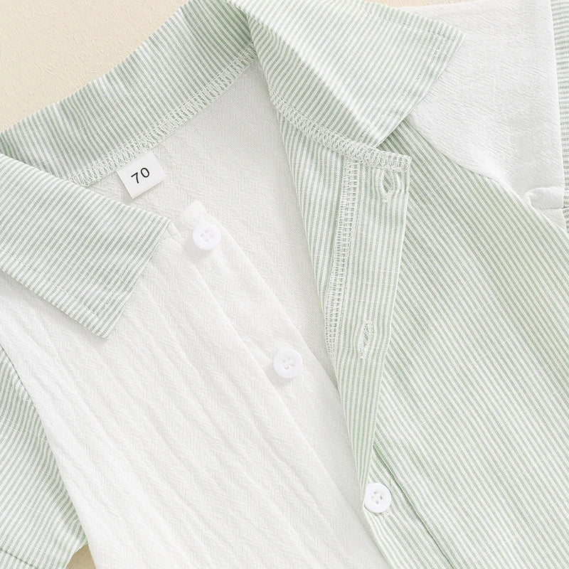 Lioraitiin Baby Boy Jumpsuit Short Sleeve Lapel Collar Stripes Print