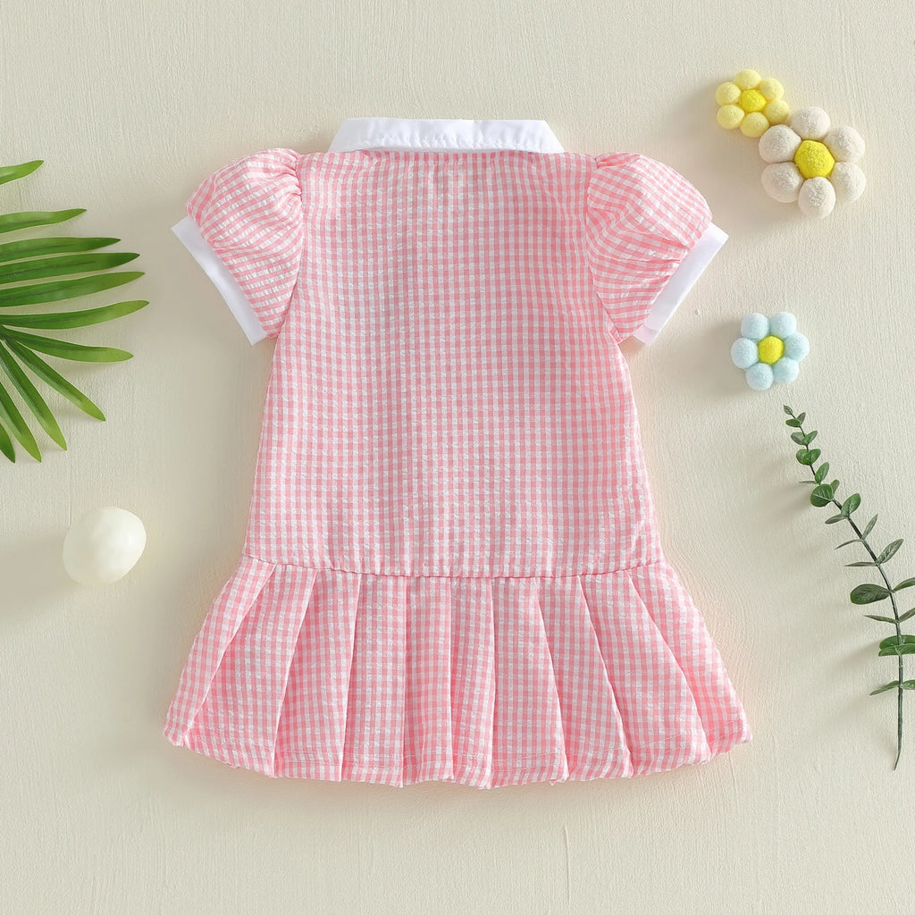 Lioraitiin Toddler Girl A Line Dress Plaid Print Lapel Short Sleeves