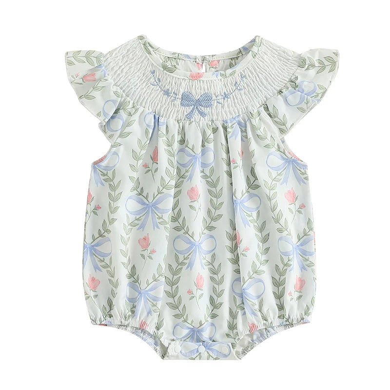 Lioraitiin Baby Girls Romper Fly Sleeve Crew Neck Bow Leaves Print