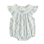 Lioraitiin Baby Girls Romper Fly Sleeve Crew Neck Bow Leaves Print