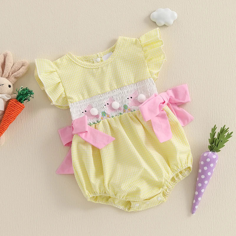 Lioraitiin Baby Girls Rompers Easter Rabbit Embroidery Plaid Fly