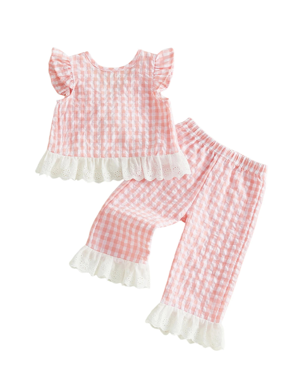 Lioraitiin 2Pcs Toddler Girls Outfits Flying Sleeve Crew Neck Plaid
