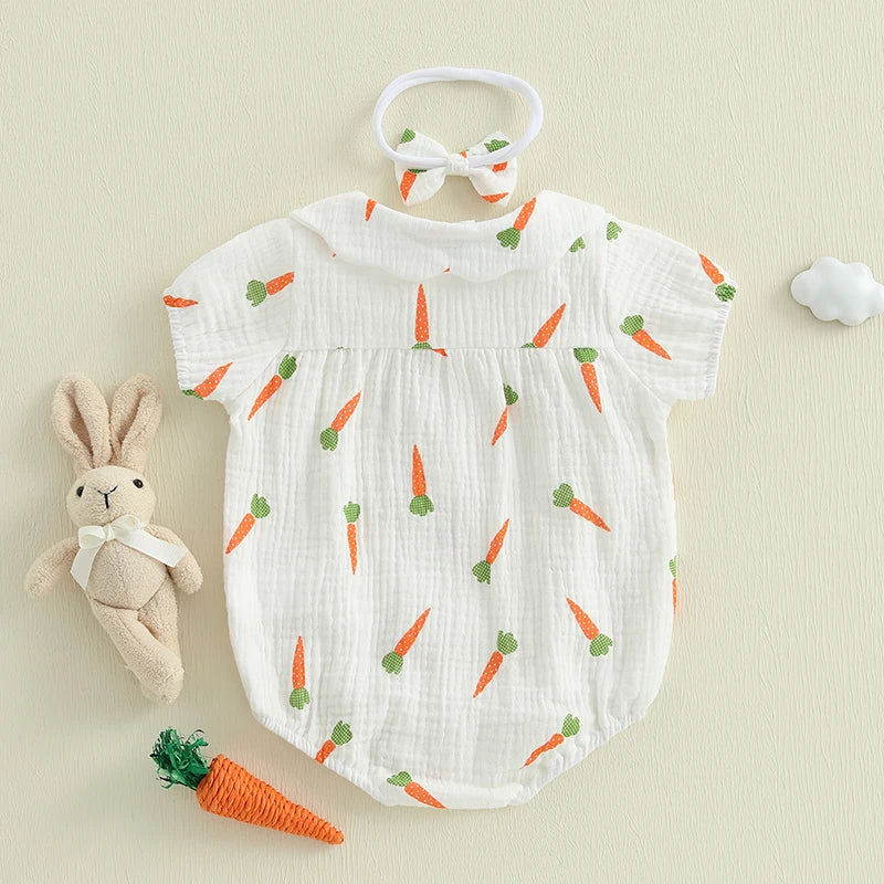 Lioraitiin Baby Girls Rompers Easter Carrot Print Doll Collar Short