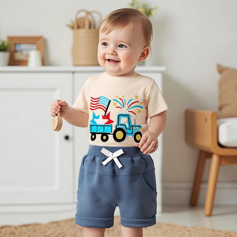 Lioraitiin Toddler Baby Boy 4th of July Outfit Star Truck Embroidery