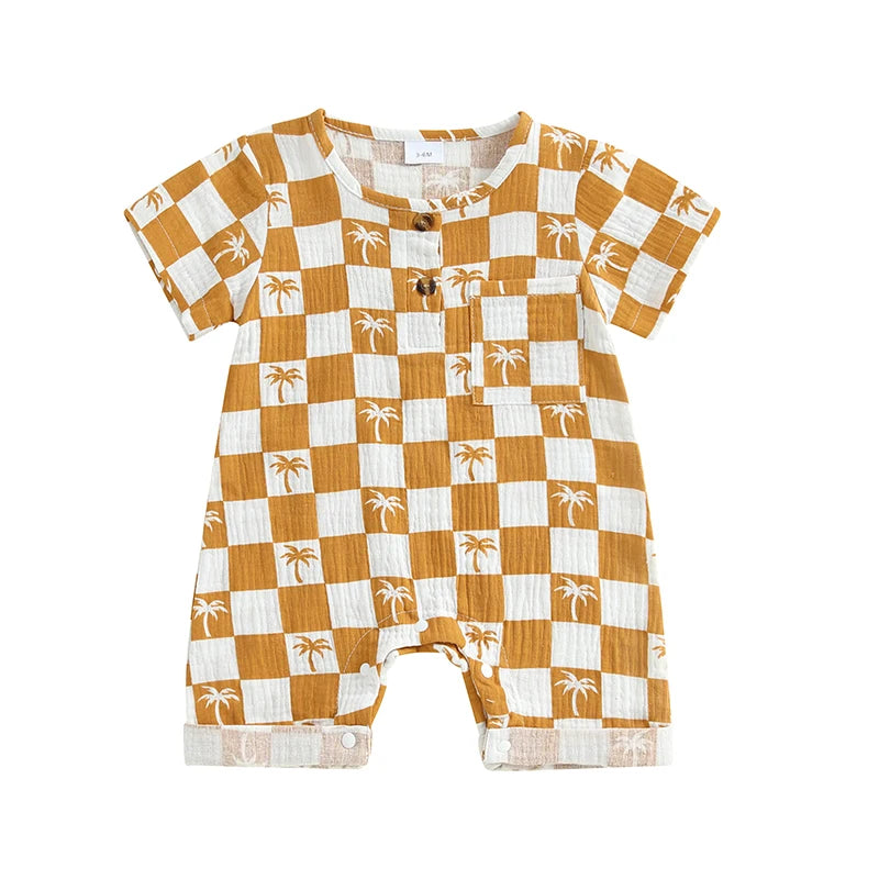 Lioraitiin Newborn Baby Boy Romper Short Sleeve Round Neck Checkered