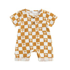 Lioraitiin Newborn Baby Boy Romper Short Sleeve Round Neck Checkered
