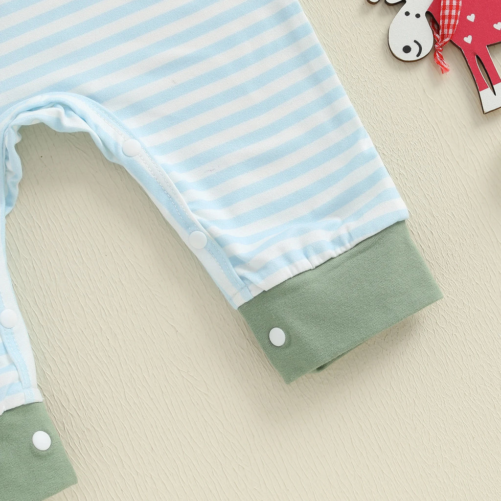 Lioraitiin Baby Boy Romper Embroidered Striped Crew Neck Long Sleeve