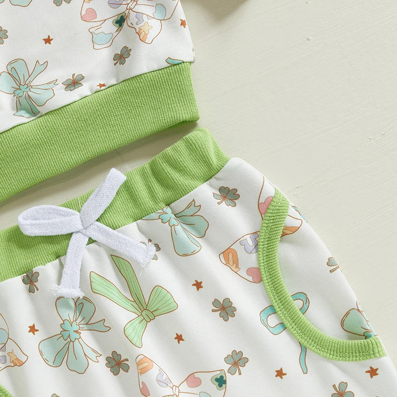 Lioraitiin Toddler Baby Girl Irish Outfits Bow Clover Print Crew Neck