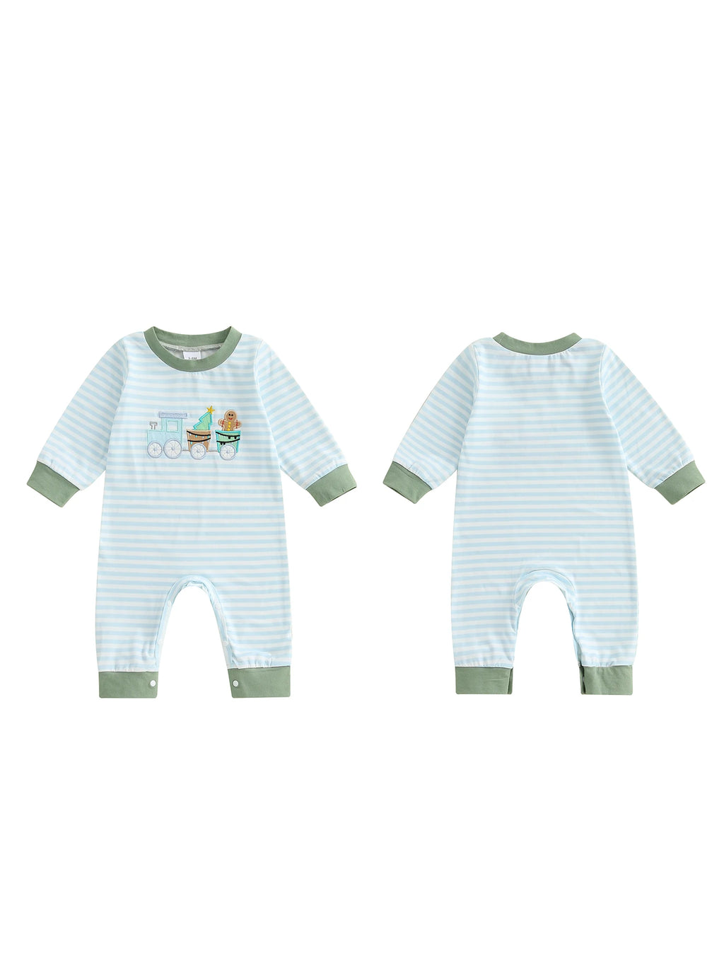 Lioraitiin Baby Boy Romper Embroidered Striped Crew Neck Long Sleeve