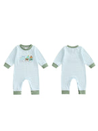 Lioraitiin Baby Boy Romper Embroidered Striped Crew Neck Long Sleeve