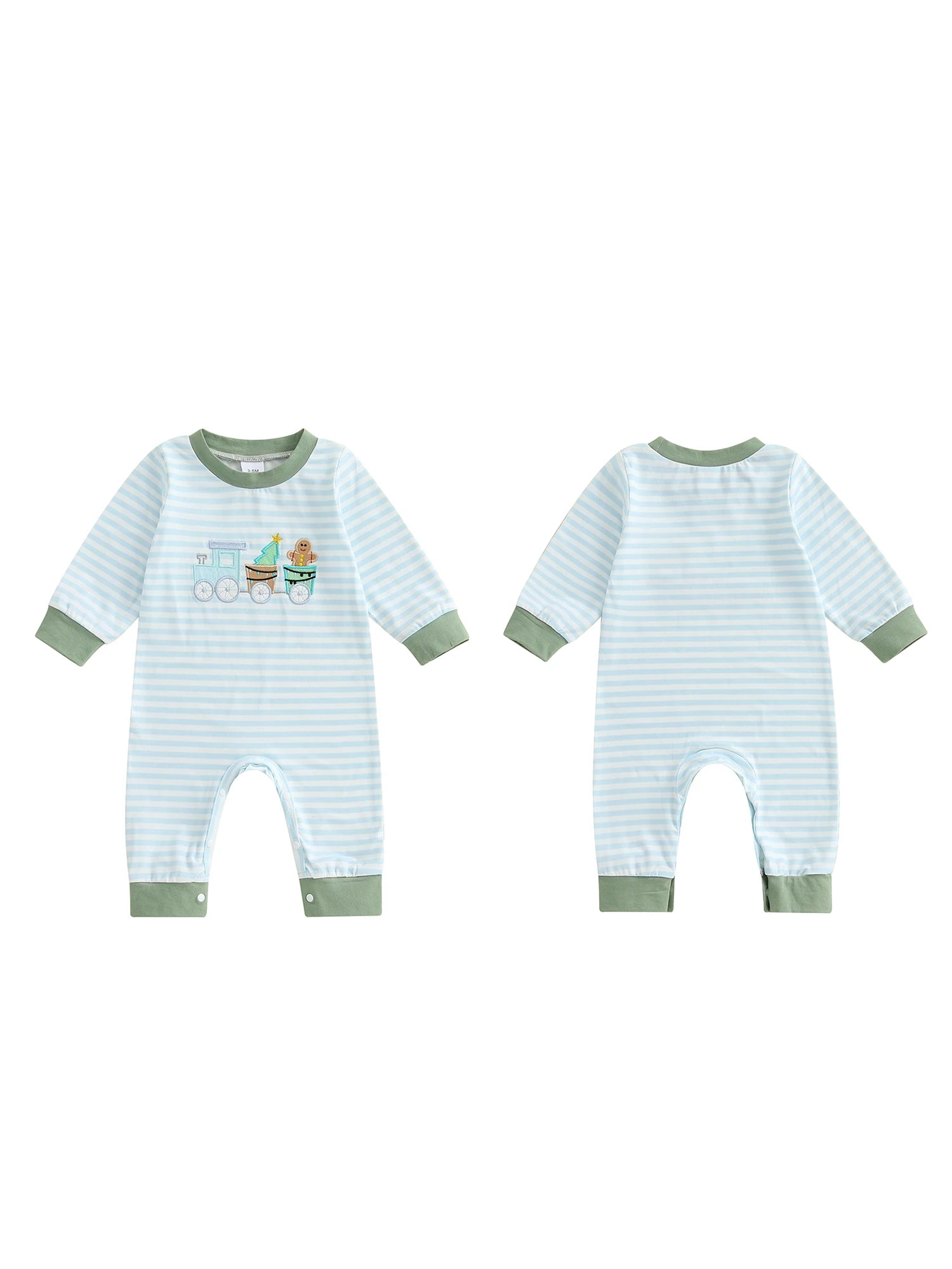 Lioraitiin Baby Boy Romper Embroidered Striped Crew Neck Long Sleeve
