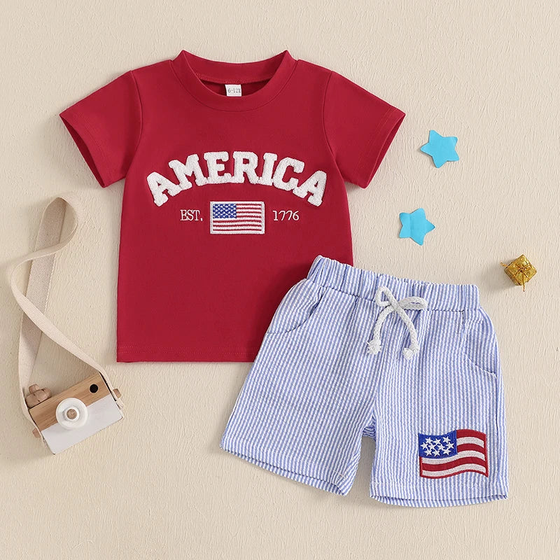 Lioraitiin Toddler Boy 4th of July Outfit Letter Embroidery Short