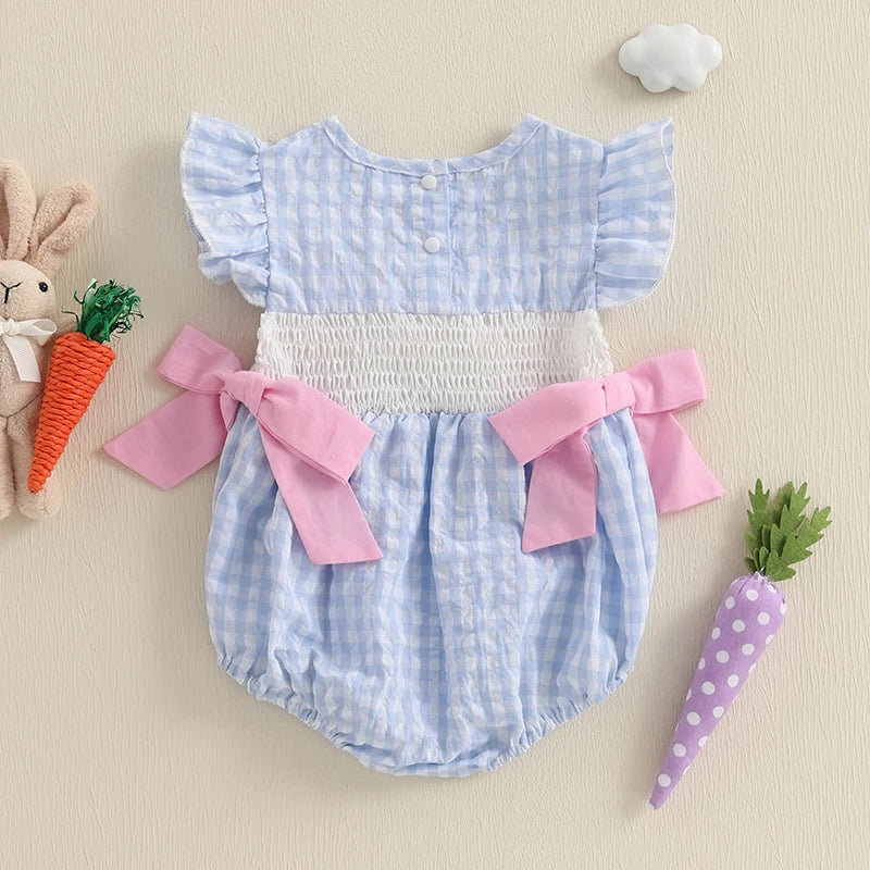 Lioraitiin Baby Girls Rompers Easter Rabbit Embroidery Plaid Fly