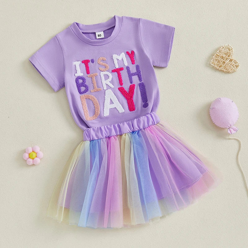 Toddler Girl Birthday Outfit Letter Embroidery Short Sleeve Crew Neck