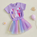 Toddler Girl Birthday Outfit Letter Embroidery Short Sleeve Crew Neck