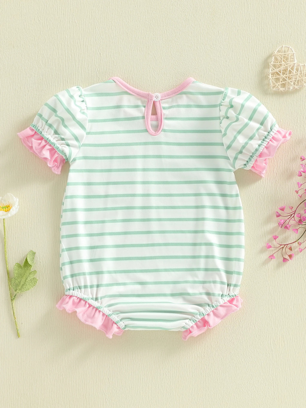 Lioraitiin Baby Girl Striped Romper Ruffle Trim Short Sleeve Crewneck