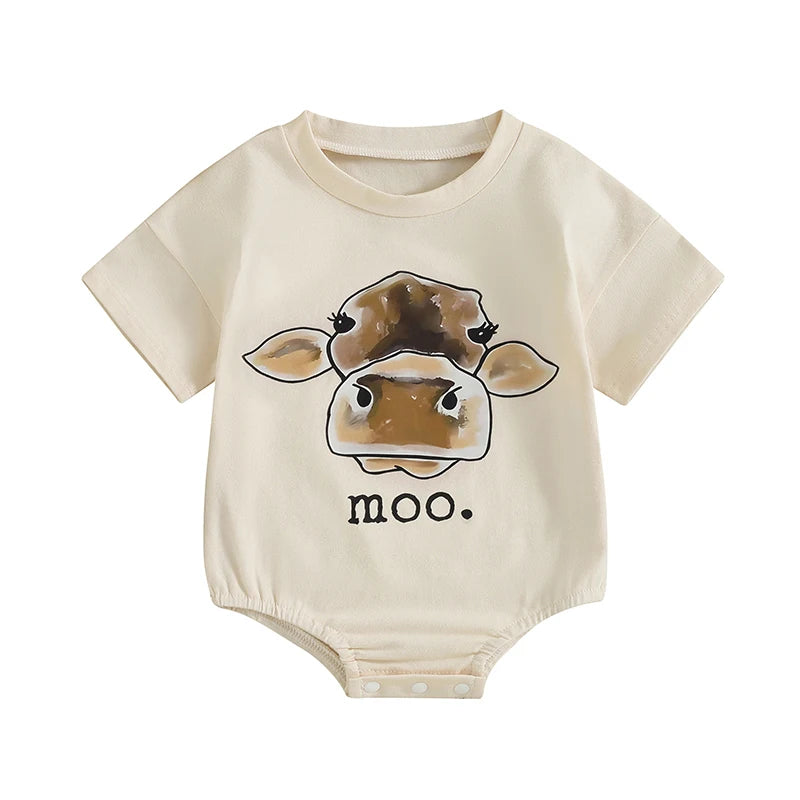 Lioraitiin Baby Romper, Short Sleeve Crew Neck Cow Head Print