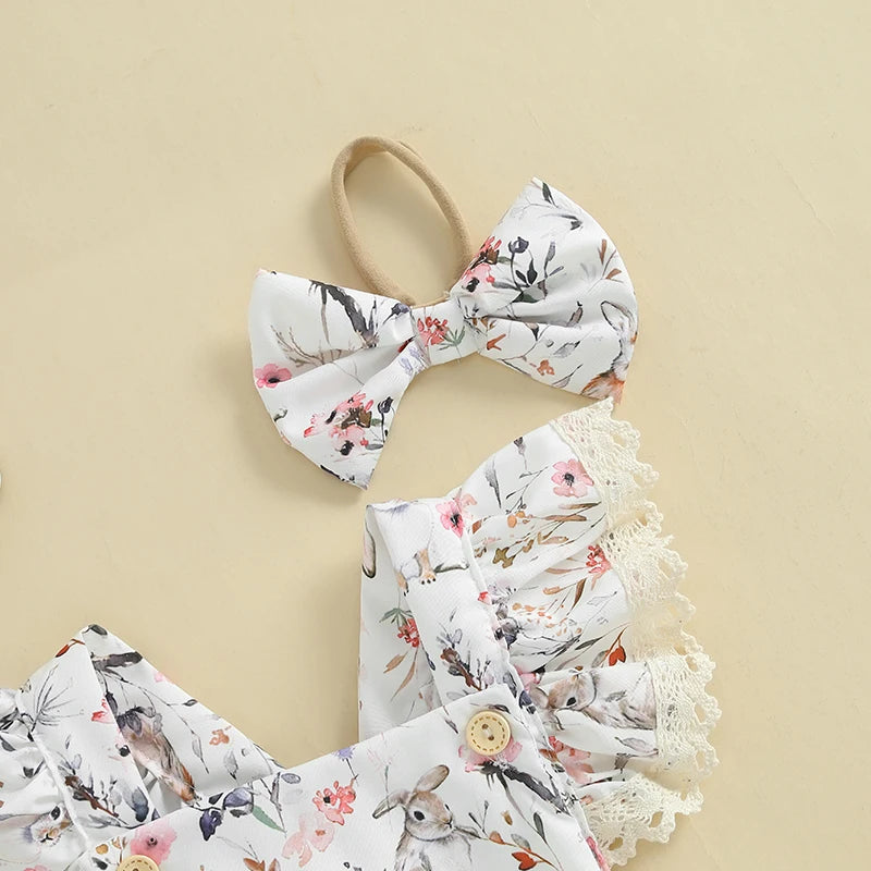 Lioraitiin Baby Girls Easter Outfits Flower Bunny Print Lace Trim