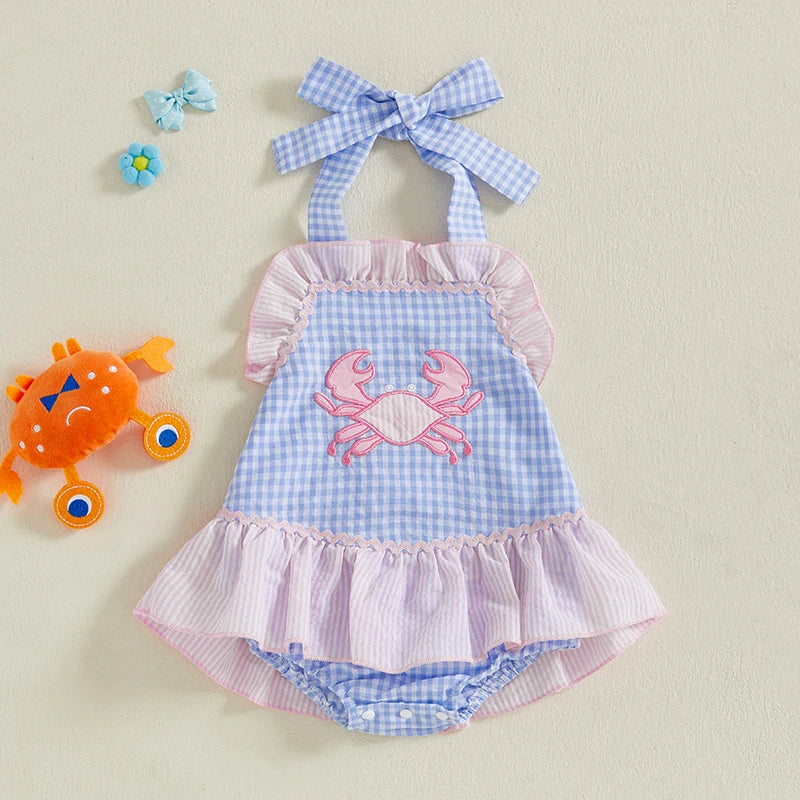 Lioraitiin Baby Girl Crab Plaid Romper Dress Tie-up Halter Neck