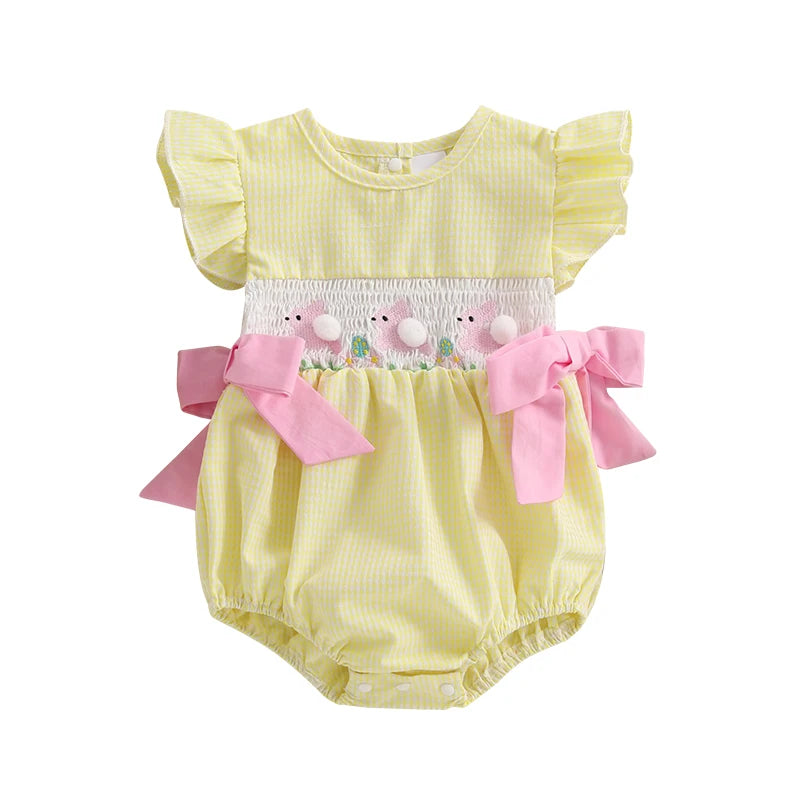 Lioraitiin Baby Girls Rompers Easter Rabbit Embroidery Plaid Fly