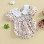 Lioraitiin Newborn Baby Girl Romper Short Sleeve Doll Collar Floral