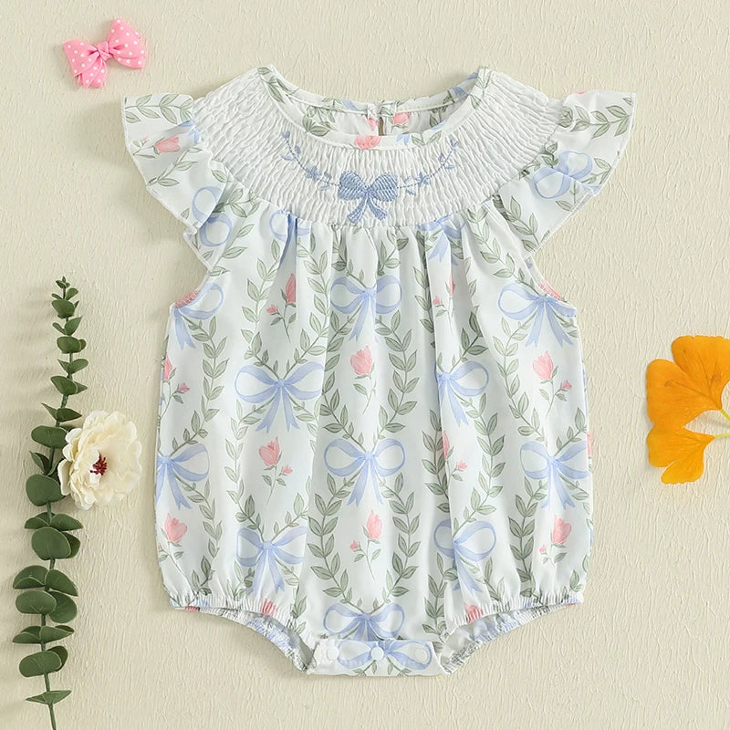 Lioraitiin Baby Girls Romper Fly Sleeve Crew Neck Bow Leaves Print