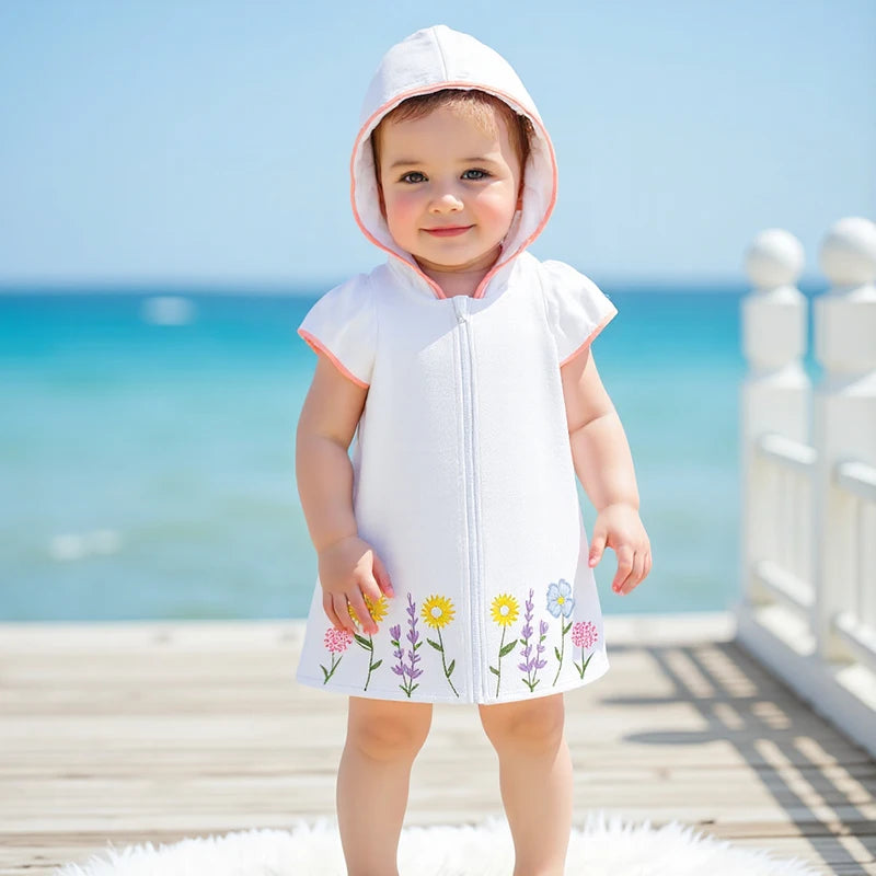 Lioraitiin Kid Girl Hooded Beach Coverup Floral Embroidery Loose Fit