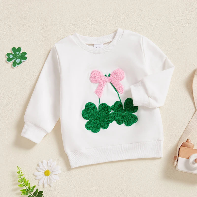 Toddler Baby Girl Irish Sweatshirt Bow Clover Embroidery Long Sleeve