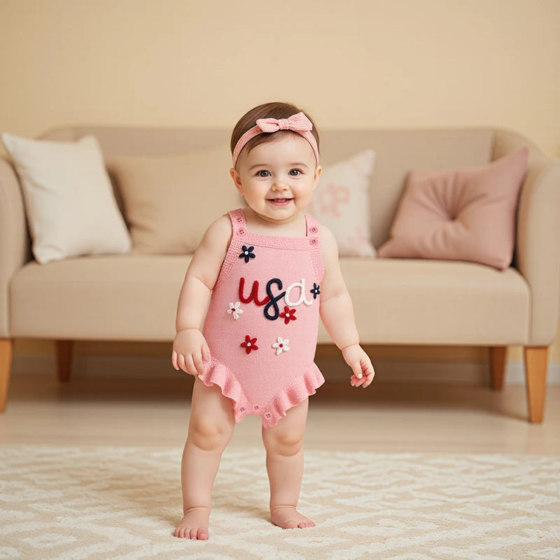Lioraitiin Baby Girl Knit Overalls Floral Letter Embroidery