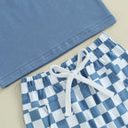 lioraitiin Baby Boy Solid Sleeveless Tank Top Checkered Shorts 2Pcs