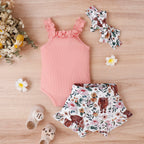 Lioraitiin 0-18M Infant Baby Girl 3Pcs Off Shoulder Romper Tops Bull