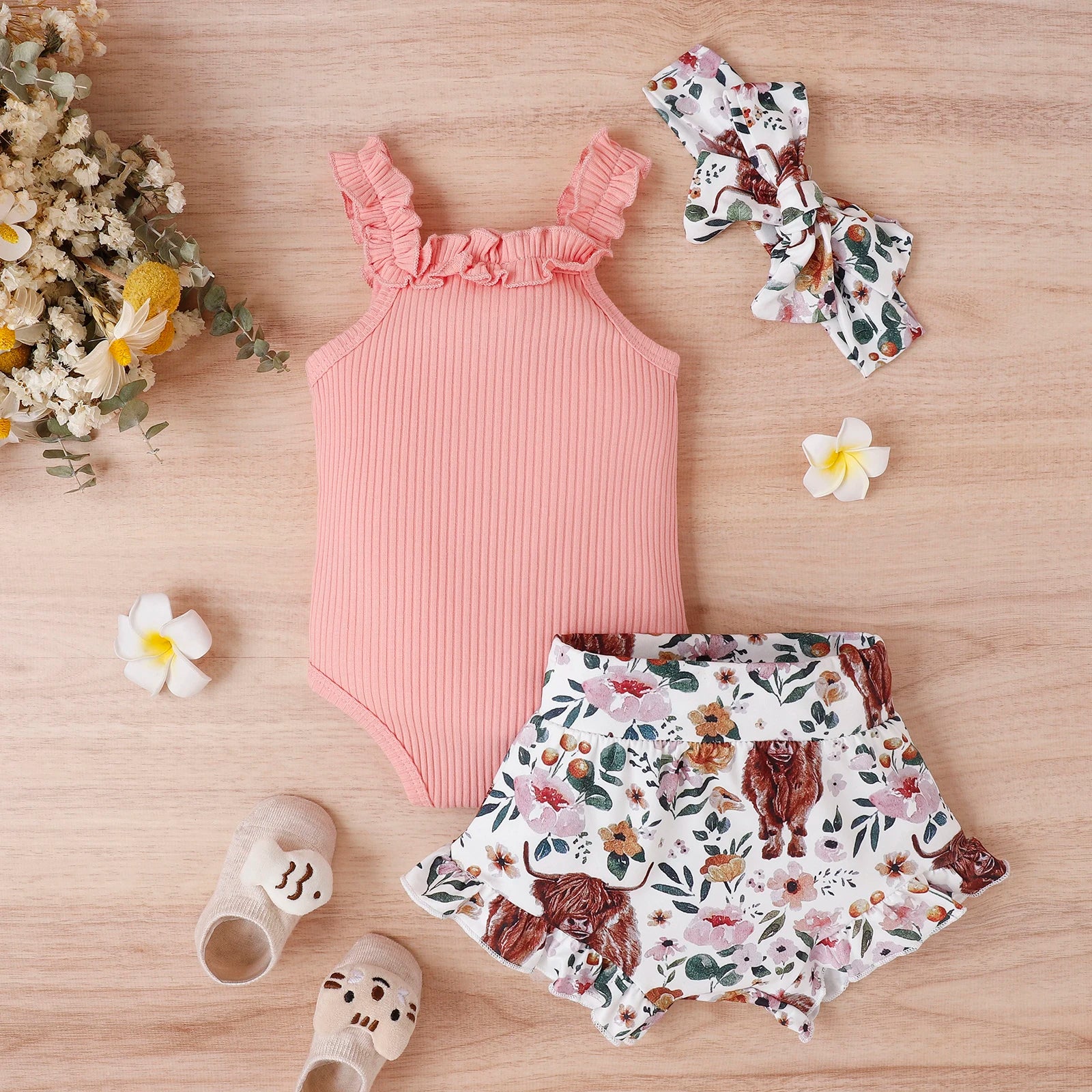 Lioraitiin 0-18M Infant Baby Girl 3Pcs Off Shoulder Romper Tops Bull