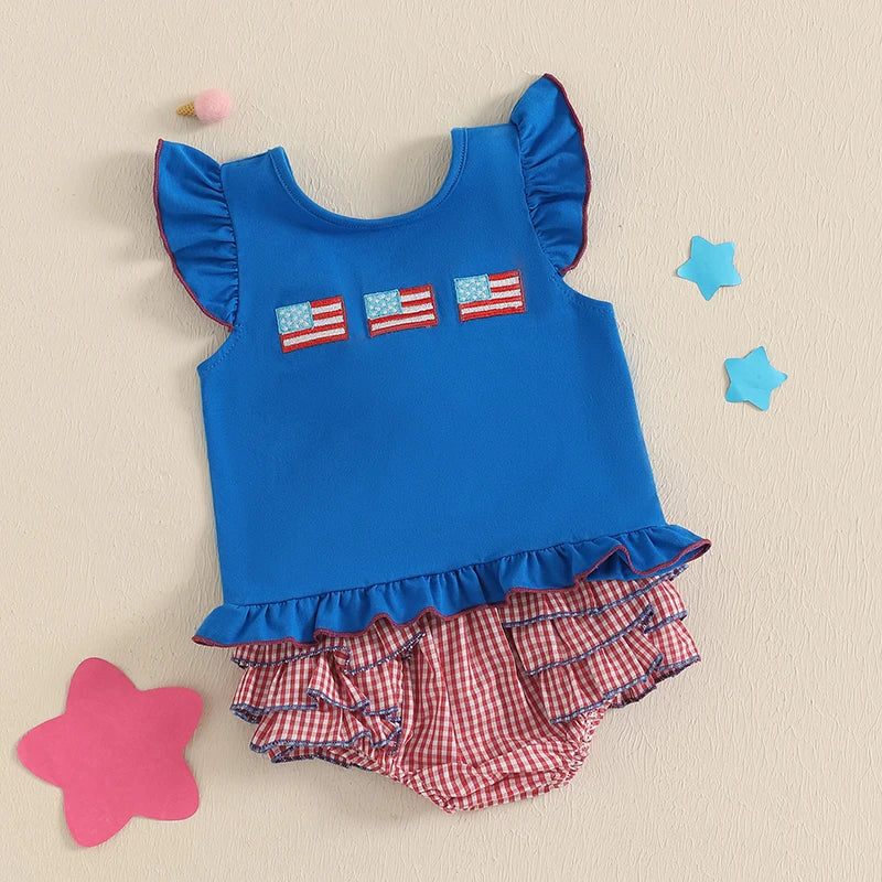 Lioraitiin Baby Girls Independence Day Shorts Sets Short Sleeve Flag