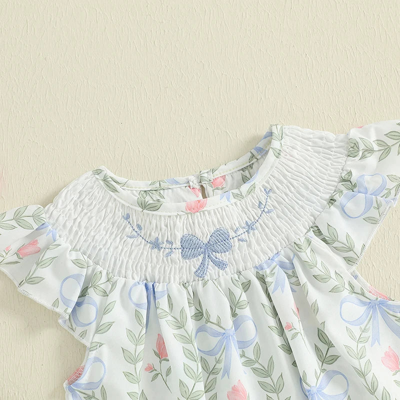 Lioraitiin Baby Girls Romper Fly Sleeve Crew Neck Bow Leaves Print