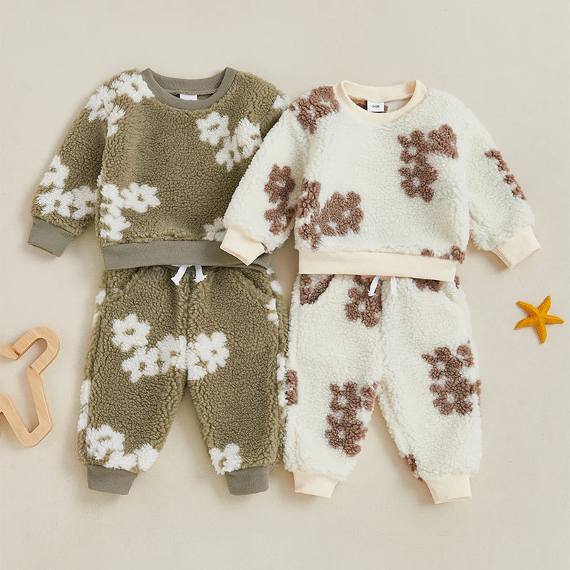 Lioraitiin Toddler Girls Outfits Floral Pattern Fuzzy Long Sleeve