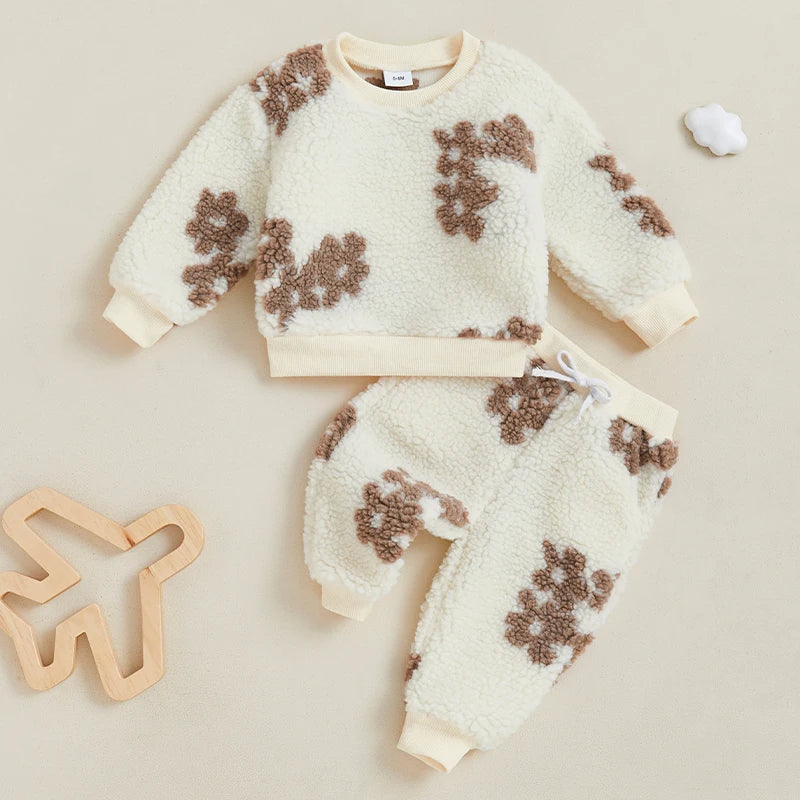 Lioraitiin Toddler Girls Outfits Floral Pattern Fuzzy Long Sleeve