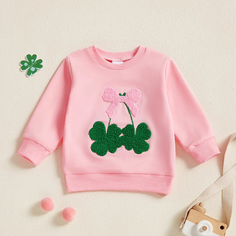 Toddler Baby Girl Irish Sweatshirt Bow Clover Embroidery Long Sleeve