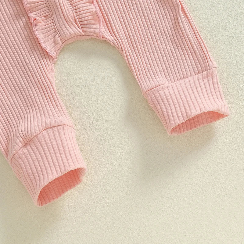 Lioraitiin Baby Girl Rompers Solid Color Buttons Frills Crew Neck