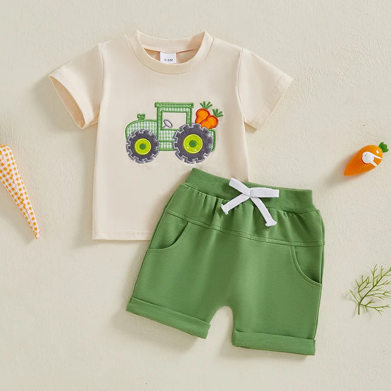 Lioraitiin Toddler Boys Easter Sets Short Sleeve O Neck Tractor