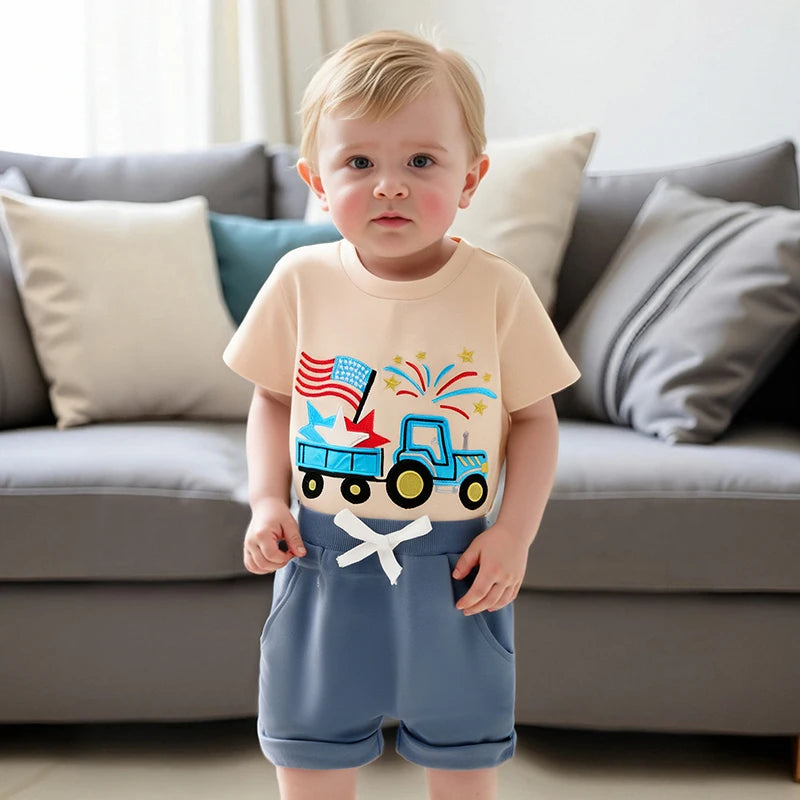 Lioraitiin Toddler Baby Boy 4th of July Outfit Star Truck Embroidery